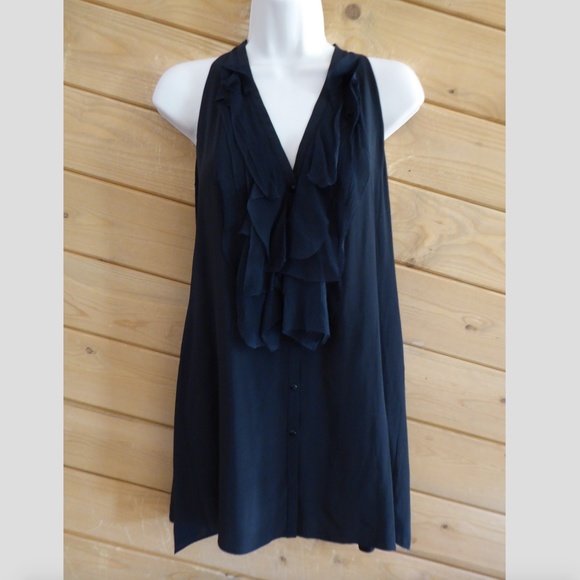 Vince. Black Ruffle V-neck Silk Blend Blouse Sleeveless Top XS - Picture 1 of 7